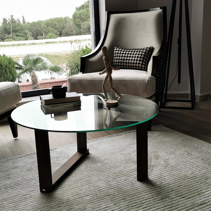 Hanah Home Mesa de Centro Redonda de Madera Maciza y Cristal Templado Nogal Hanah Home Mesa de Centro Redonda de Madera Maciza y Cristal Templado Nogal